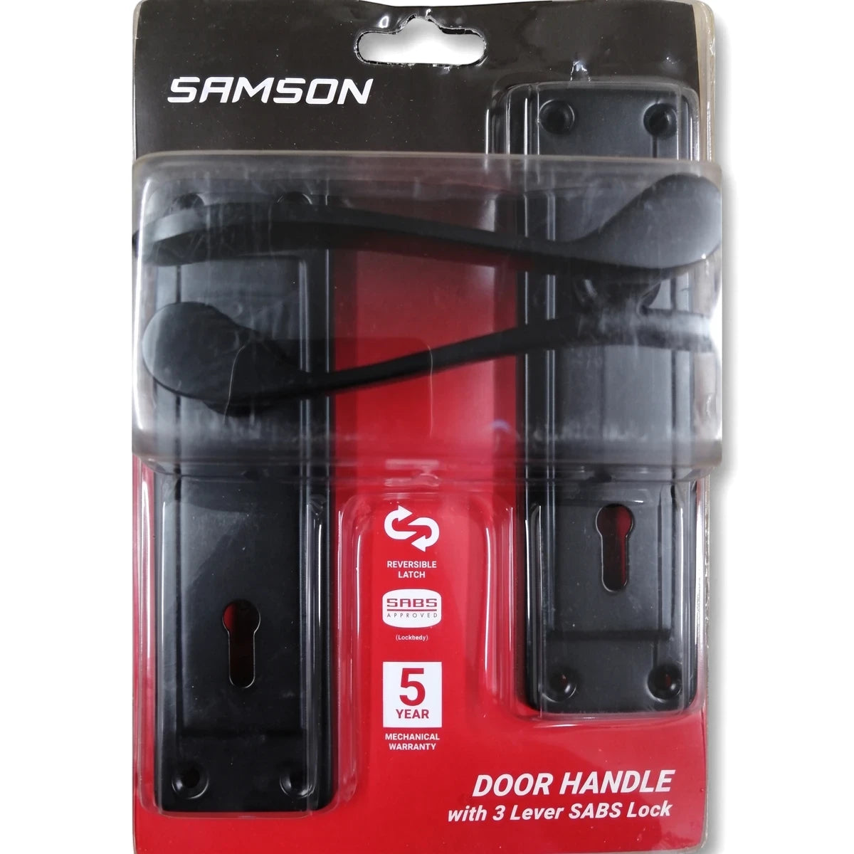 Samson Lset Key 3L Sabs Cortana Matt Black Lockset in clear and red retail packaging, displaying door handles and lock