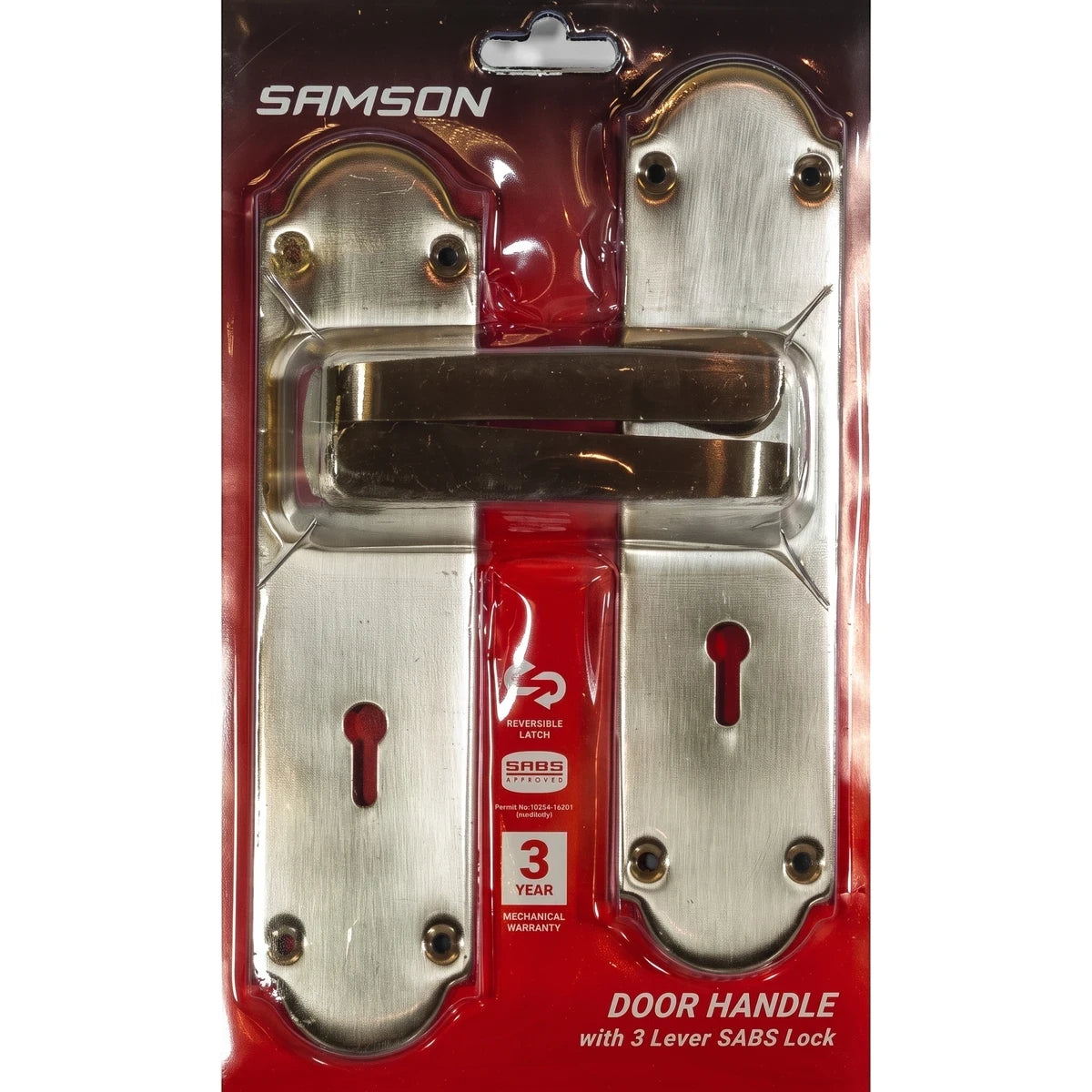 Samson Lset Sabs Cyl Ms Vic Str 8 Sn Lockset in retail packaging, displaying a brass-colored door handle and a 3 lever SABS