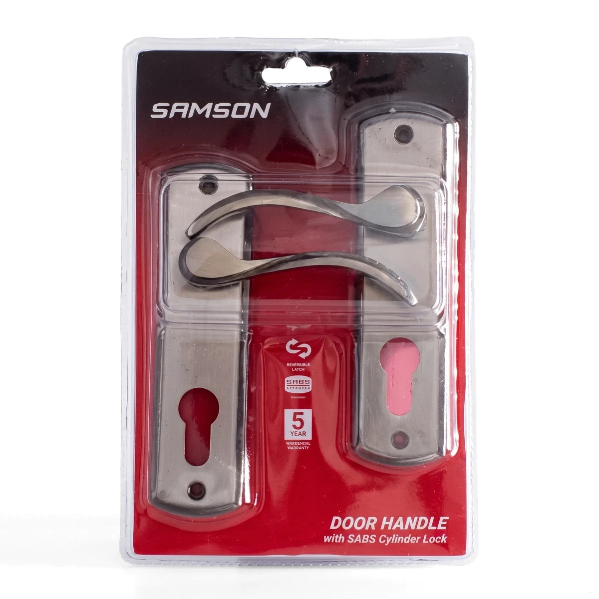 Samson Lset Sabs Cyl Bela Sn/Bn Lockset with brushed nickel finish handles, packaged in red and black blister pack.