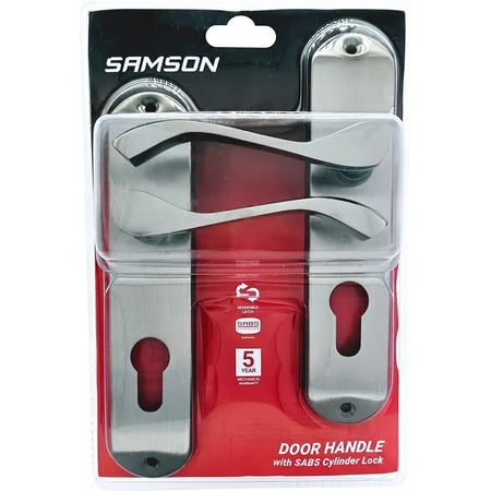Samson Lset Sabs Cyl Carlo 8 inch door handle with cylinder lock, featuring satin nickel levers and escutcheon plates, in