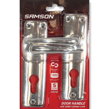 Samson Lset Sabs Cyl Cp Lockset, a silver door handle with SABS cylinder lock, presented in clear blister packaging.