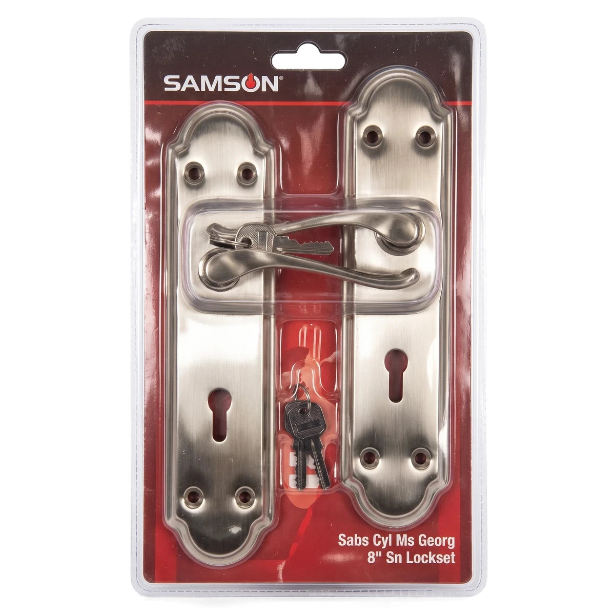 Samson Lset Sabs Cyl Ms Georg 8 inch Sn Lockset, a silver-finished door hardware set, displayed in its retail packaging.