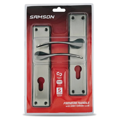 Samson Lset Sabs Cyl Sara 8 inch Sn/Bn Lockset with silver and black handles in red and clear plastic retail packaging,
