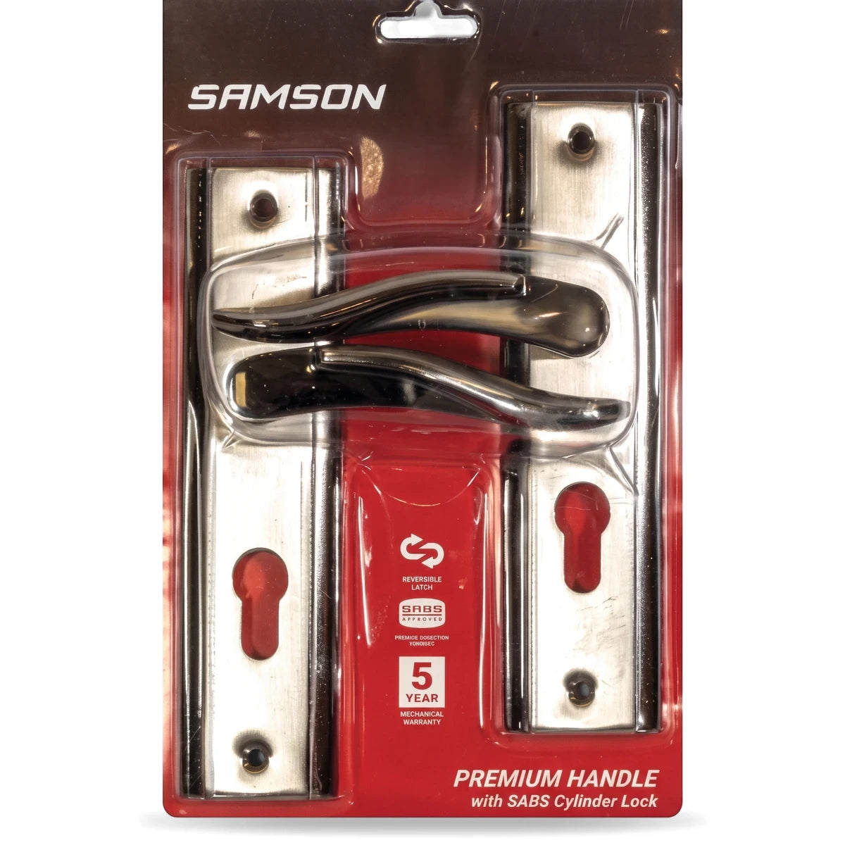 Samson Lset Sabs cylinder lockset with dark curved handles and brushed silver plates, visible in its retail packaging.