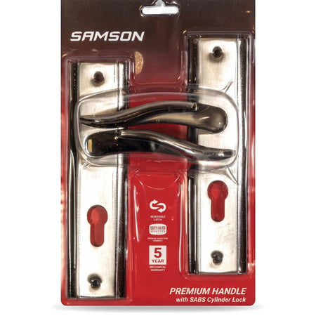 Samson Lset Sabs cylinder lockset with dark curved handles and brushed silver plates, visible in its retail packaging.