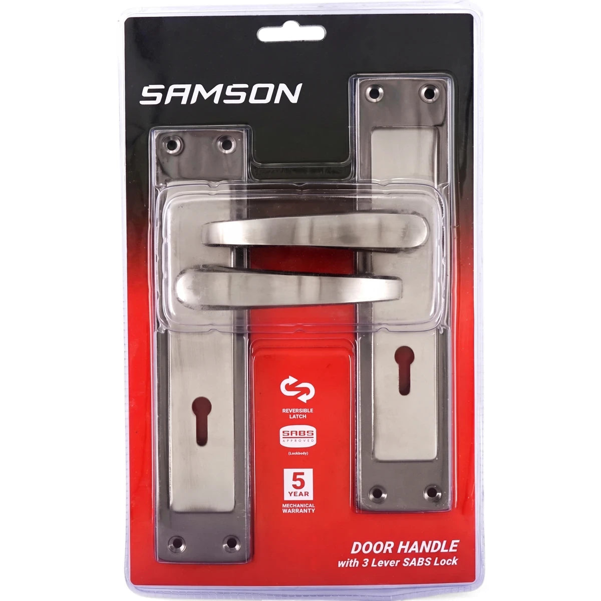 Samson Luca 8-inch 3-lever SABS door handle lockset in brushed silver, displayed in a red and black retail package.
