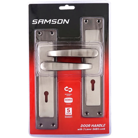 Samson Luca 8-inch 3-lever SABS door handle lockset in brushed silver, displayed in a red and black retail package.