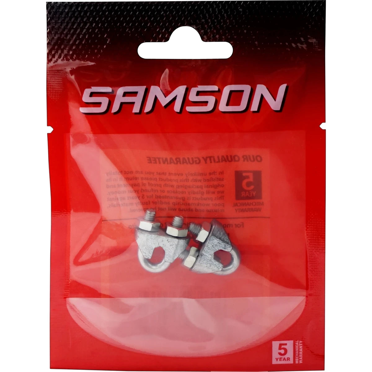 Two silver M3 wire rope clamps with bolts and nuts, packaged in a translucent red Samson branded plastic bag.