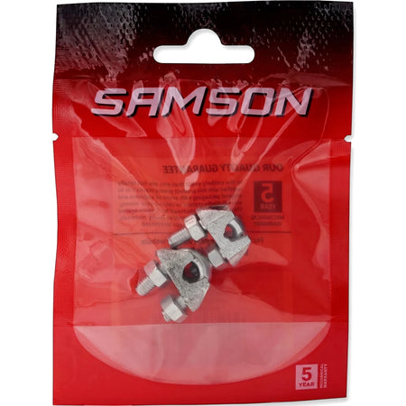 Samson M5 wire rope clamps, 2-piece set, packaged in a transparent red plastic bag with branding, front view.