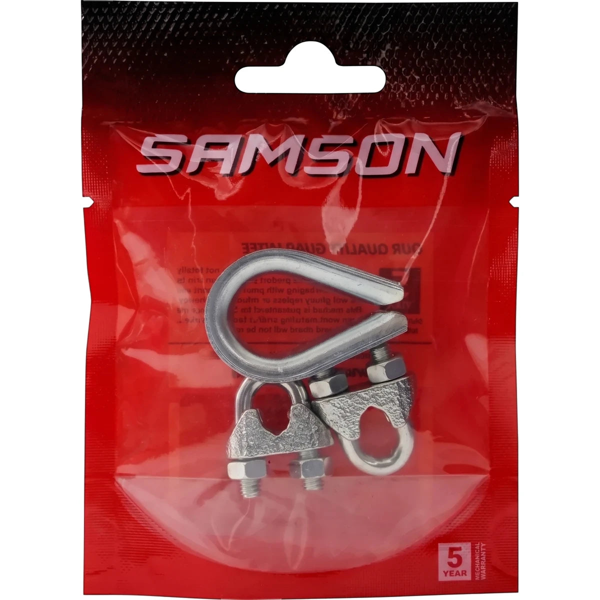 Red Samson branded kit containing two M6 wire rope clamps and one thimble in a clear window plastic bag, showcasing hardware.
