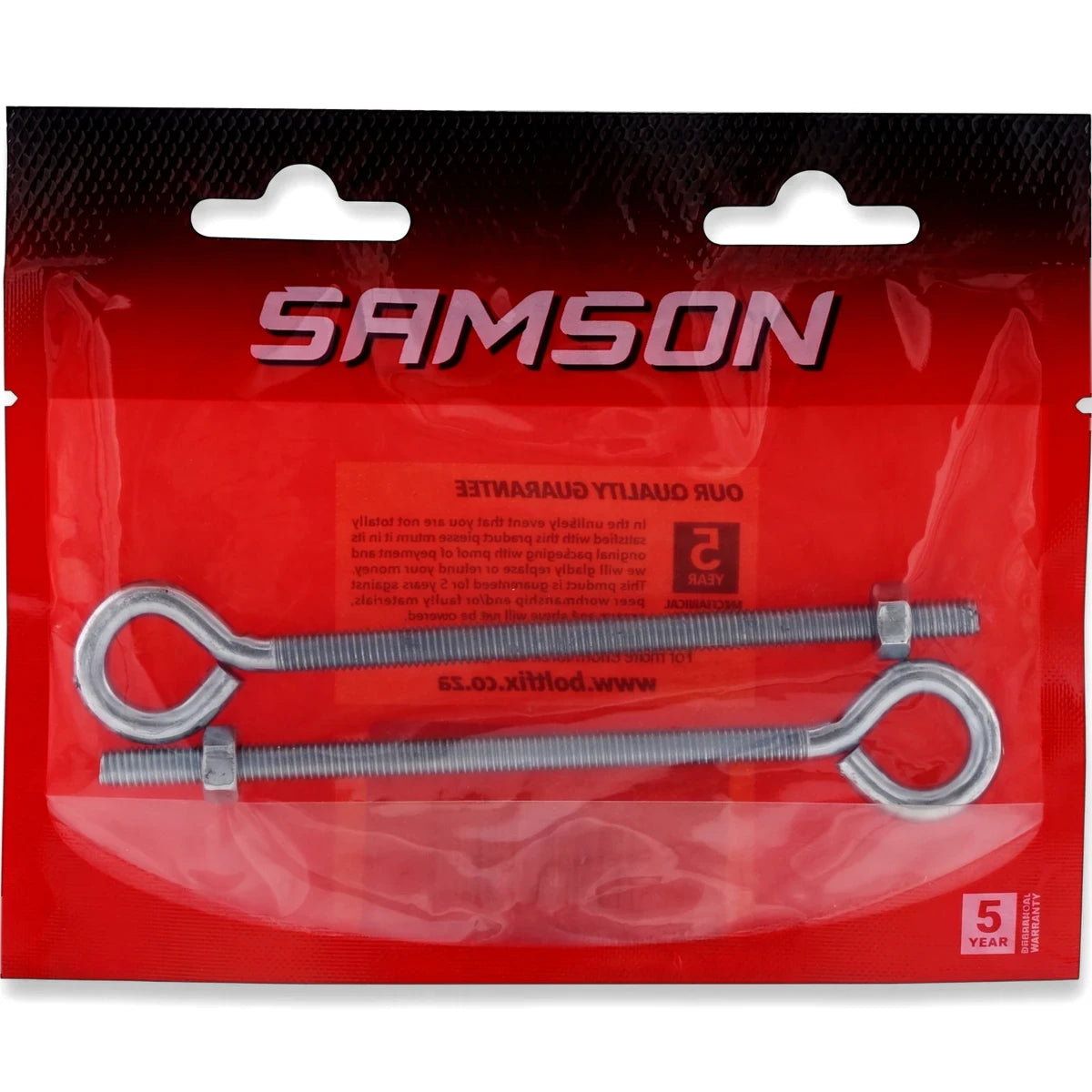 Two Samson M6X100 silver metal eye bolts with nuts, packaged in a clear bag with red backing.