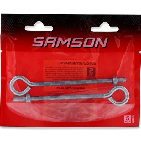 Two Samson M6X100 silver metal eye bolts with nuts, packaged in a clear bag with red backing.