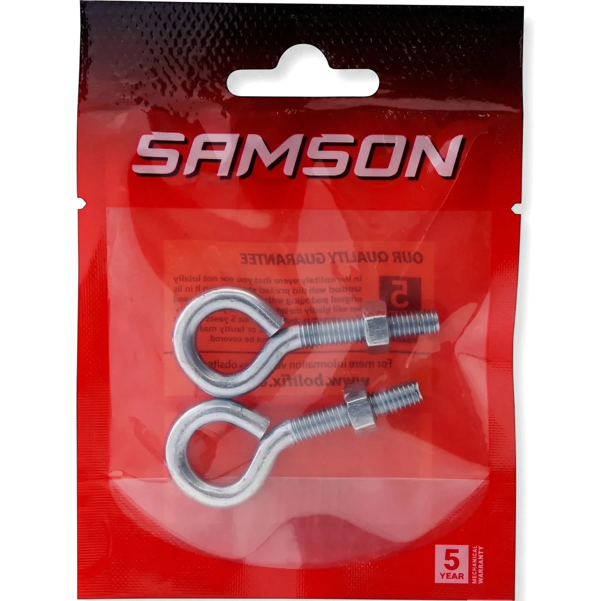 Two silver M6X30 eye bolts with nuts, packaged in a clear and red Samson brand plastic bag, displayed vertically.
