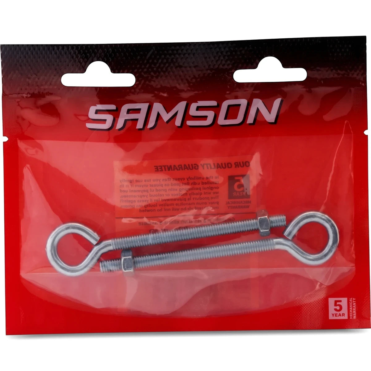 Two metallic Samson M6X75 eye bolts with nuts, threaded, packaged in a clear and red plastic bag with branding.