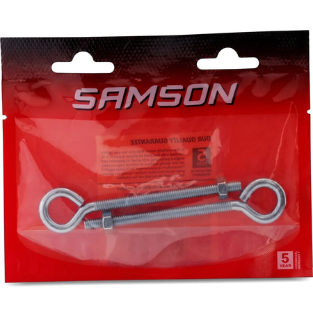 Two metallic Samson M6X75 eye bolts with nuts, threaded, packaged in a clear and red plastic bag with branding.