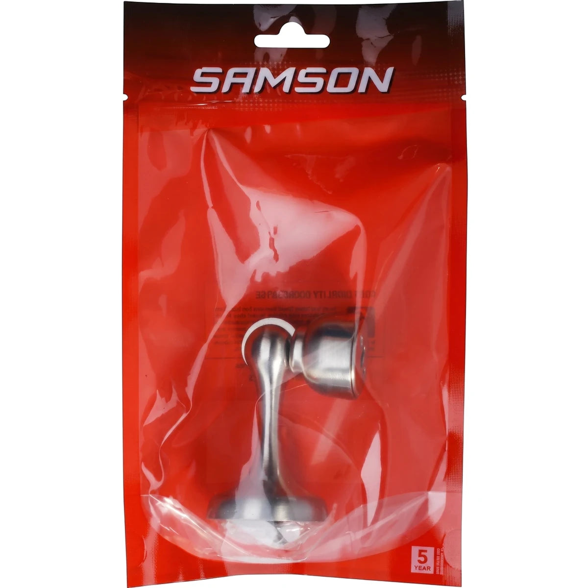 Samson magnetic door stop in a silver finish, packaged in a clear red plastic pouch with 'SAMSON' branding.