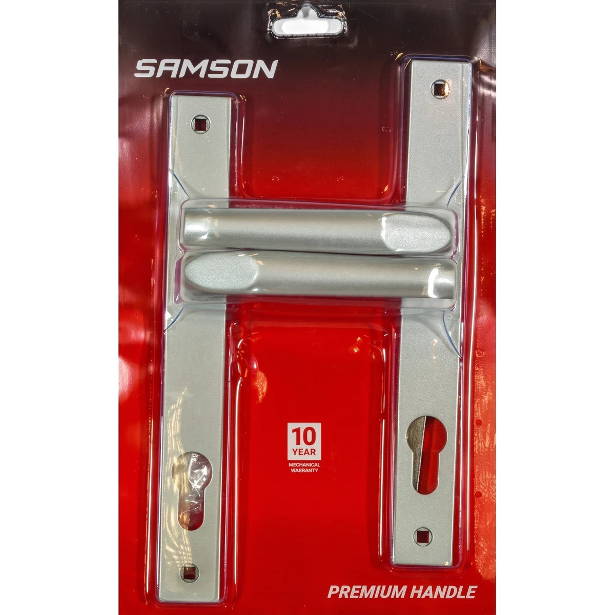 Samson Messina silver door handle set, 8-inch cylinder type, shown in clear and red retail packaging with a 10-year