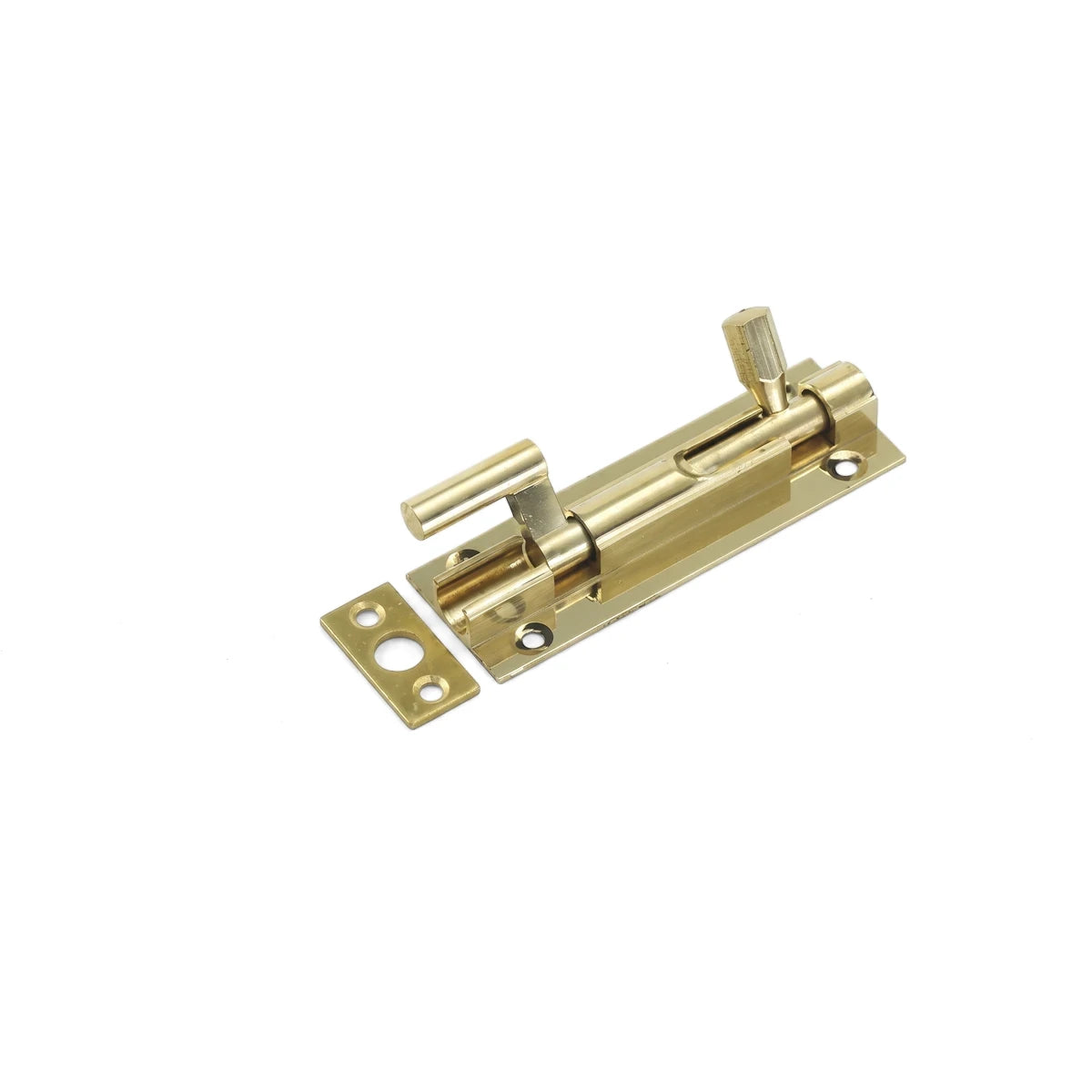 Brass Samson necked barrel bolt lock with its separate strike plate, shown from an angled perspective on a white background.