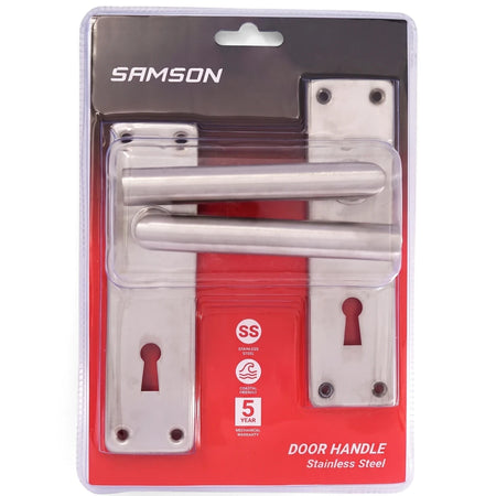 Samson Nova stainless steel door handle and lock set, 6 inch, silver finish, displayed new in clear blister packaging.