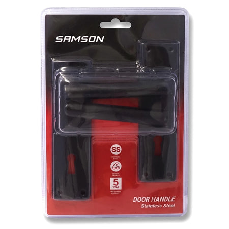 Samson Nova Matt Black stainless steel door handle and latch set in clear blister packaging on a red and black card.