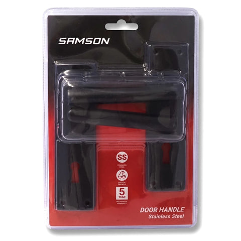 Samson Nova Matt Black stainless steel door handle and latch set in clear blister packaging on a red and black card.