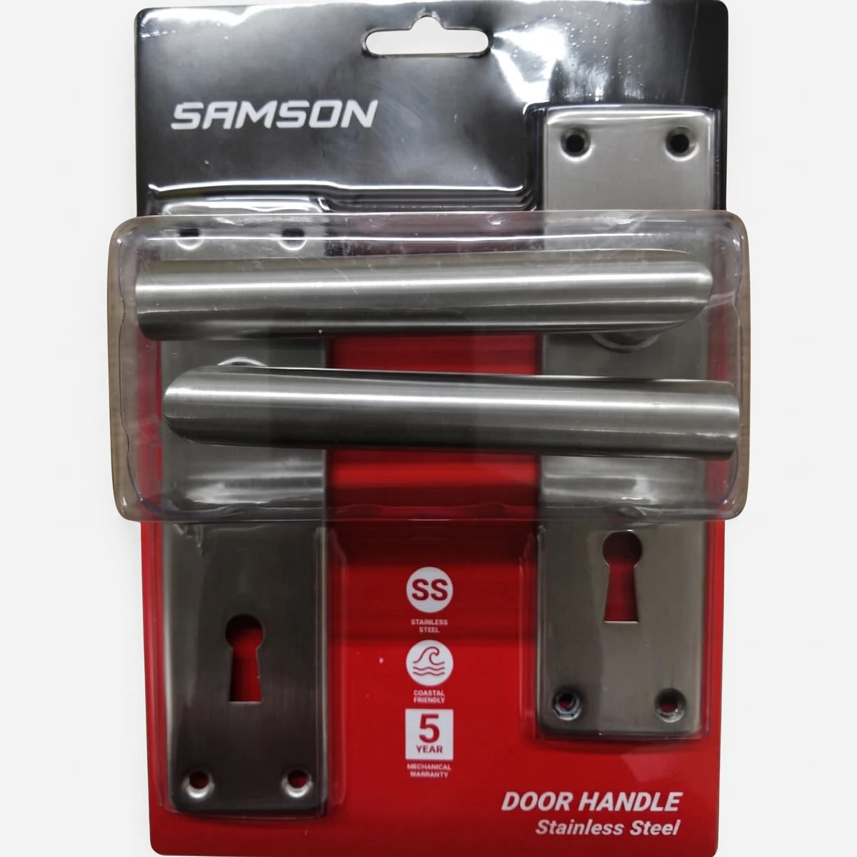 Samson Nova stainless steel door handle cylinder set in blister packaging, including two handles and keyhole escutcheons.