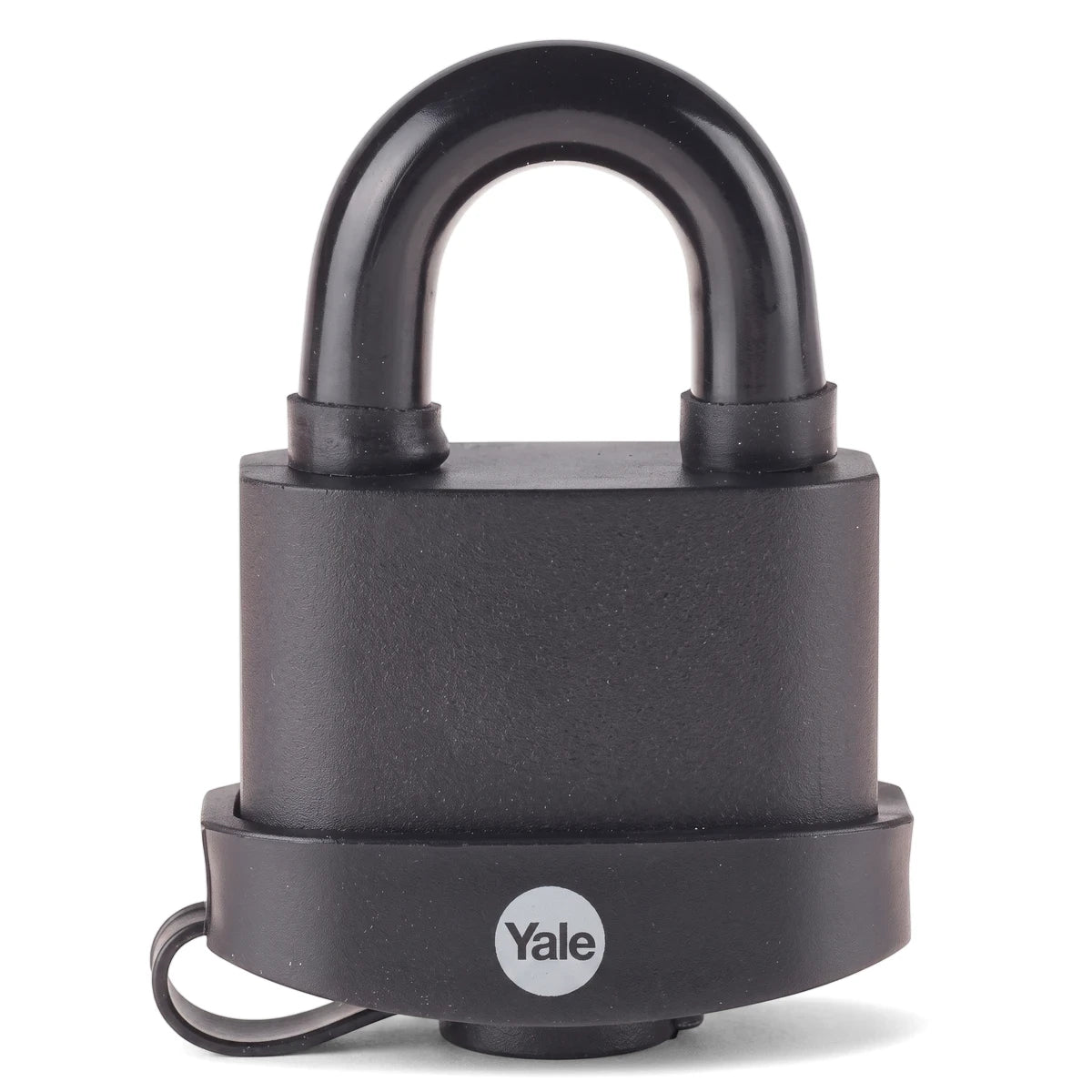 Black Samson P/Lock 60mm weatherproof padlock with a U-shaped shackle and Yale logo visible on its front.