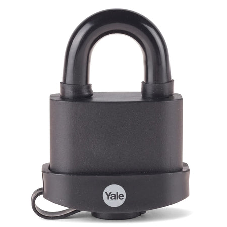 Black Samson P/Lock 60mm weatherproof padlock with a U-shaped shackle and Yale logo visible on its front.