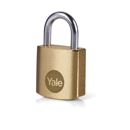 Samson P/Lock brass 20mm padlock with a silver shackle and the Yale logo, presented upright on a white surface.