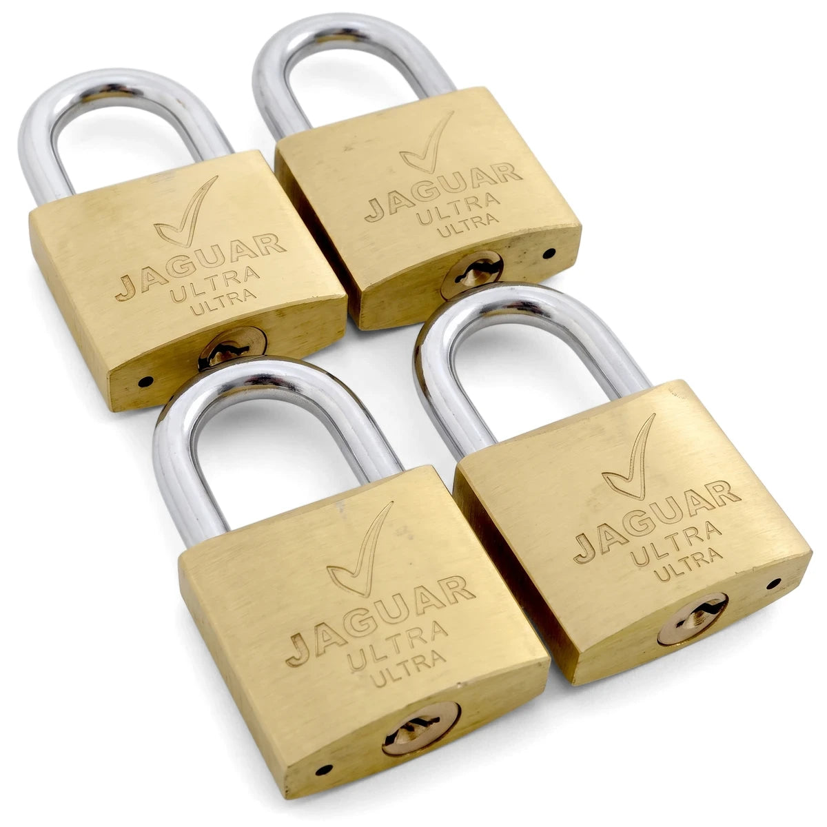 Four Samson P/Lock Brass 38mm padlocks, each with a polished brass body and a silver shackle, arranged in a square on a