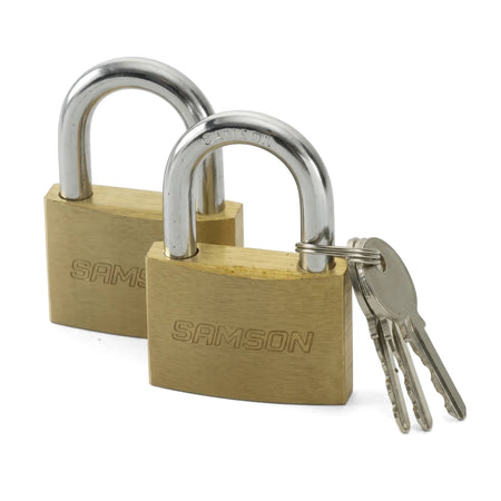 Two Samson P/Lock Brass 38mm padlocks, made of brass with steel shackles, one with three keys attached, against a white