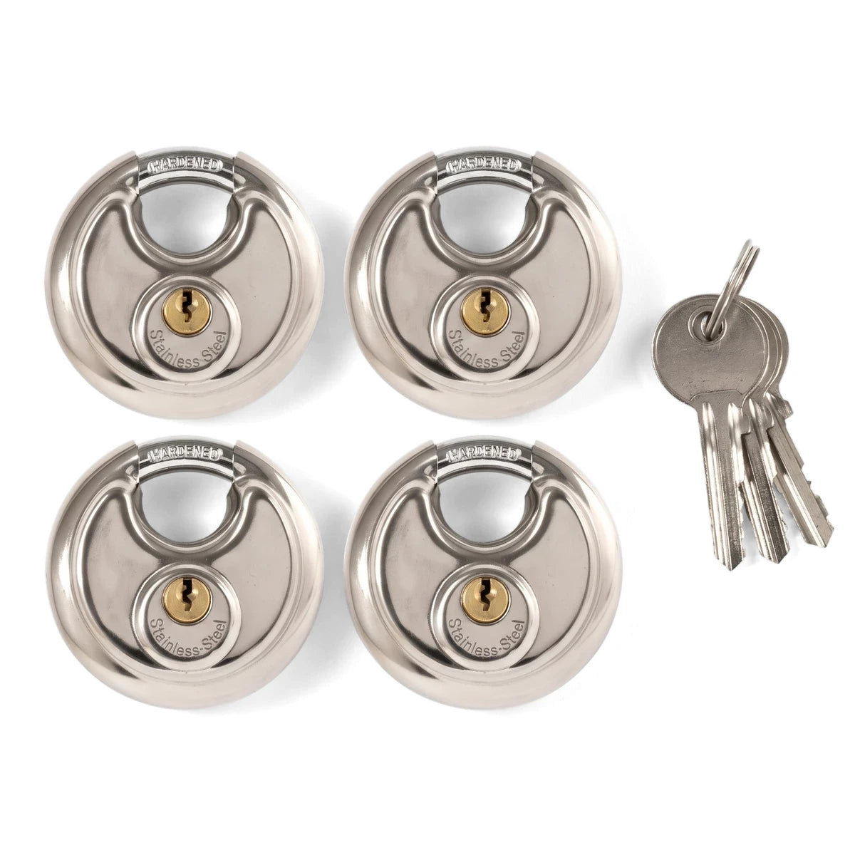 Samson P/Lock Disc 70mm KA Four Padlock Discus set, featuring four silver disc-shaped padlocks and a cluster of keys.