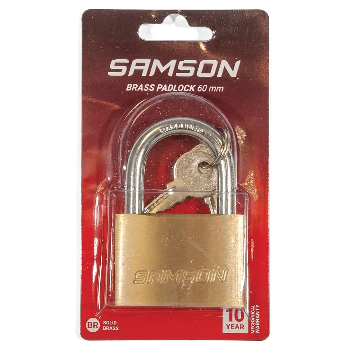 Samson P/Lock Insur brass 60mm padlock packaged with two keys, shown front-facing on its red and white retail card.