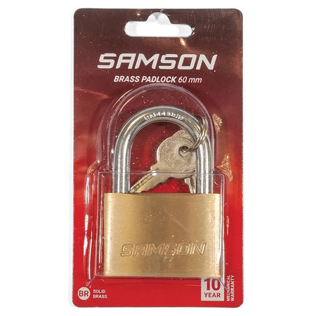Samson P/Lock Insur brass 60mm padlock packaged with two keys, shown front-facing on its red and white retail card.
