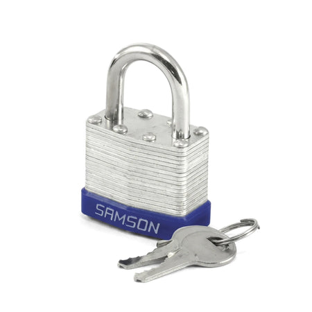 Samson P/Lock Laminated 40mm Padlock with a silver body, blue base, and two matching silver keys, providing secure locking.