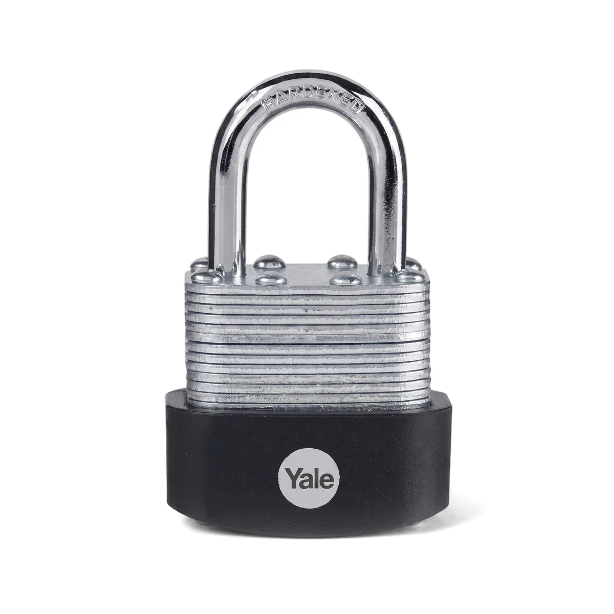 Samson P/Lock Laminated 50mm padlock, featuring a silver body with a black protective base, seen from a front view.