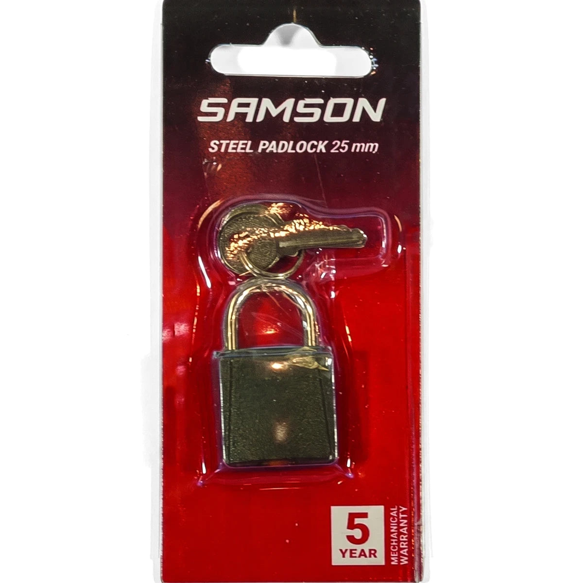 Samson 25mm steel padlock with two keys in red blister packaging, showcasing the product clearly for security needs.