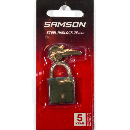 Samson 25mm steel padlock with two keys in red blister packaging, showcasing the product clearly for security needs.