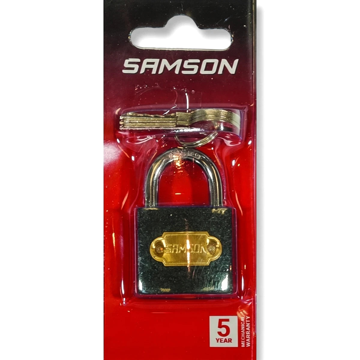 Black Samson P/Lock Steel 32mm padlock with silver shackle and keys, presented in red blister retail packaging.