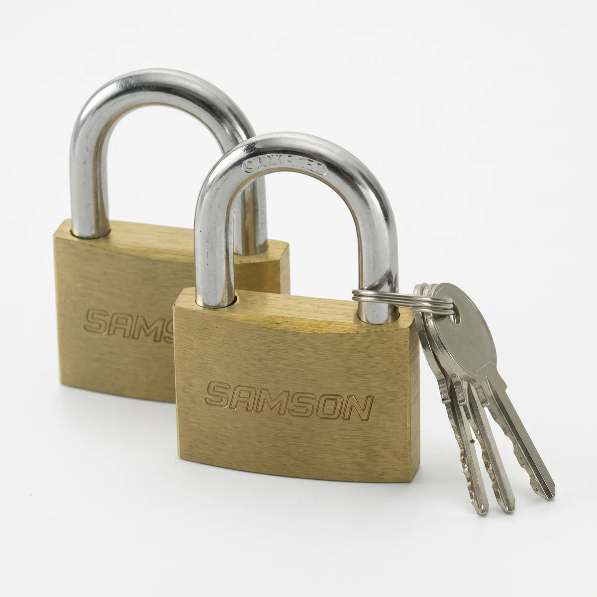 A pair of Samson P/Lock 38mm solid brass padlocks with steel shackles and accompanying keys, displayed together.