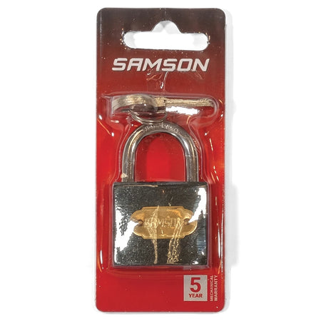 Samson P/Lock Steel 38mm padlock in black and silver, packaged with two matching keys for retail display.