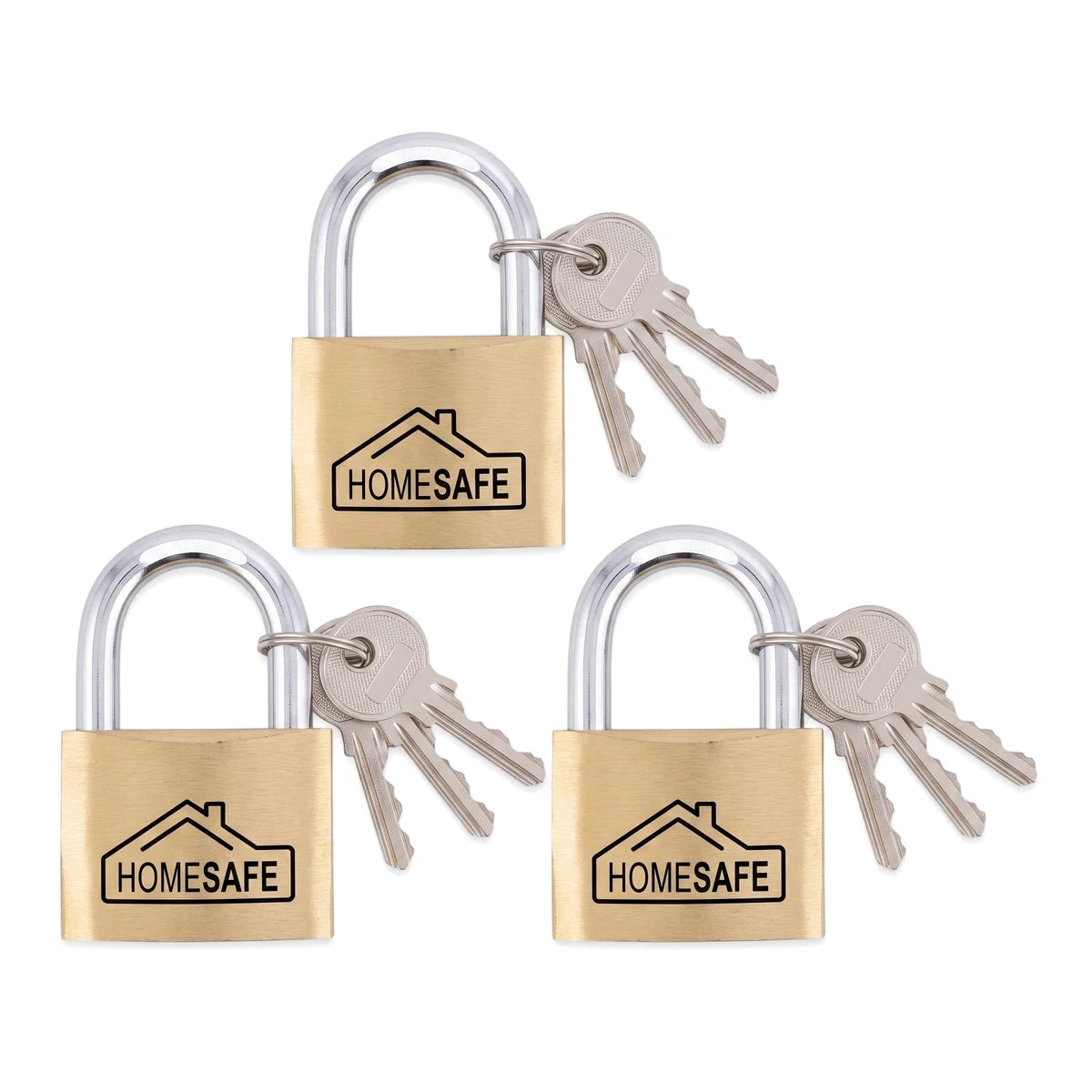Three Samson P/Lock 50mm brass padlocks with steel shackle and keys, arranged on a white background.