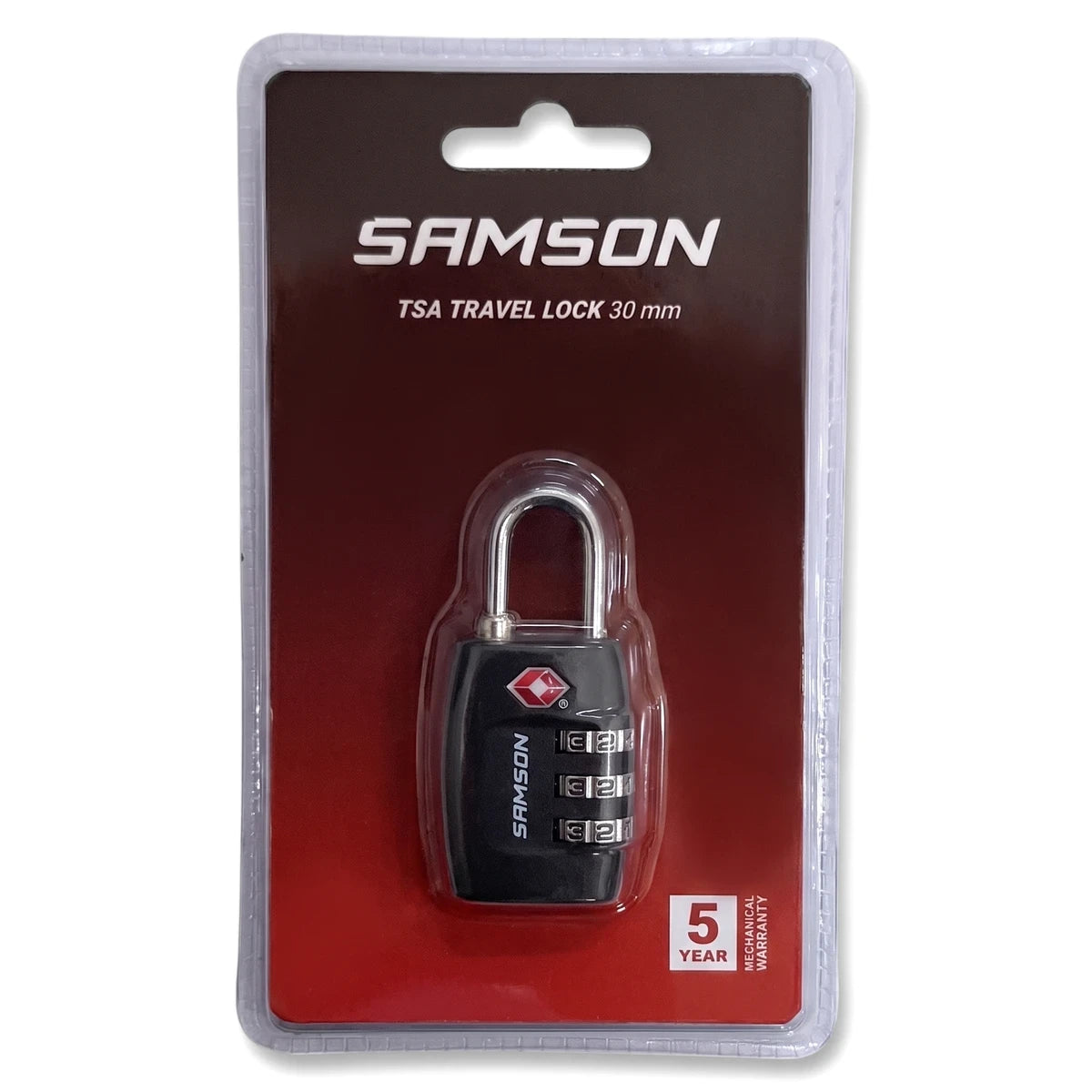 Black Samson P/Lock TSA Travel Lock 30mm padlock in retail packaging, featuring a three-digit combination and silver shackle.