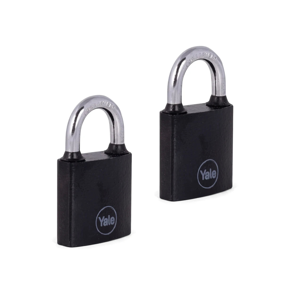 Two black 50mm Samson weatherproof padlocks with silver shackles, featuring the Yale logo, presented on a white background.