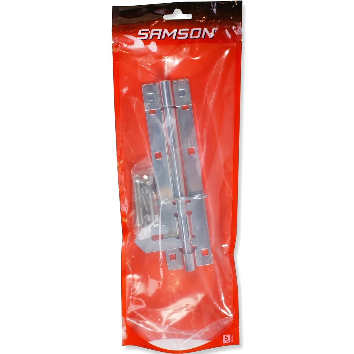 Samson Padbolt 200mm Zp locks and latches set in red transparent packaging with bolts and screws.
