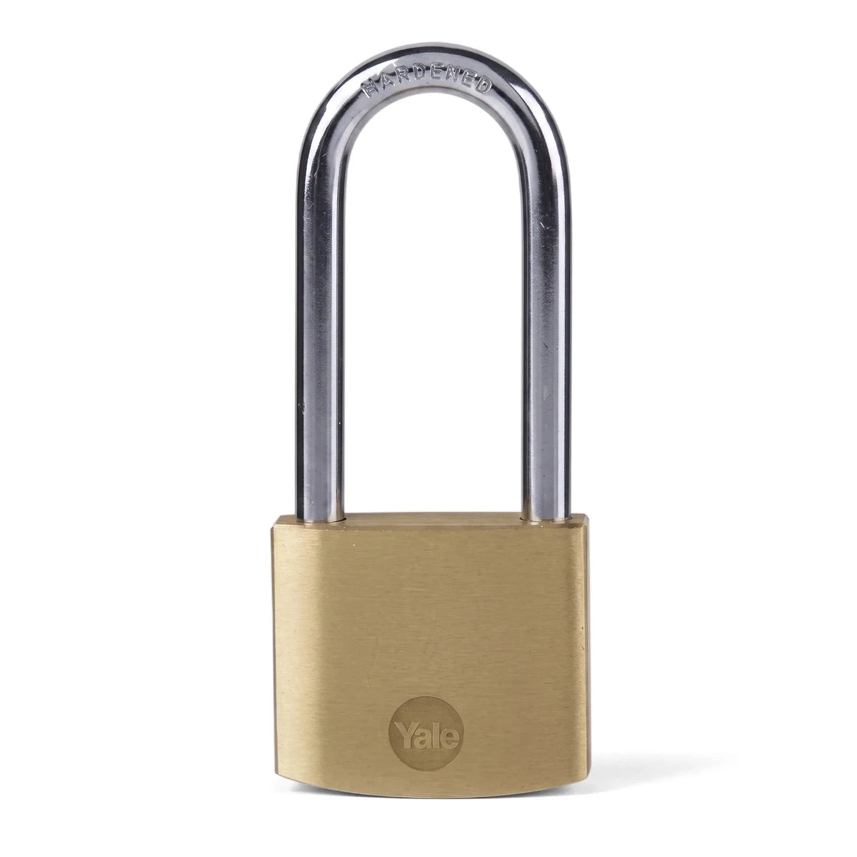 Samson P/Lock St Long Shack 40mm Padlock featuring a solid brass body and a hardened chrome shackle, presented on a white