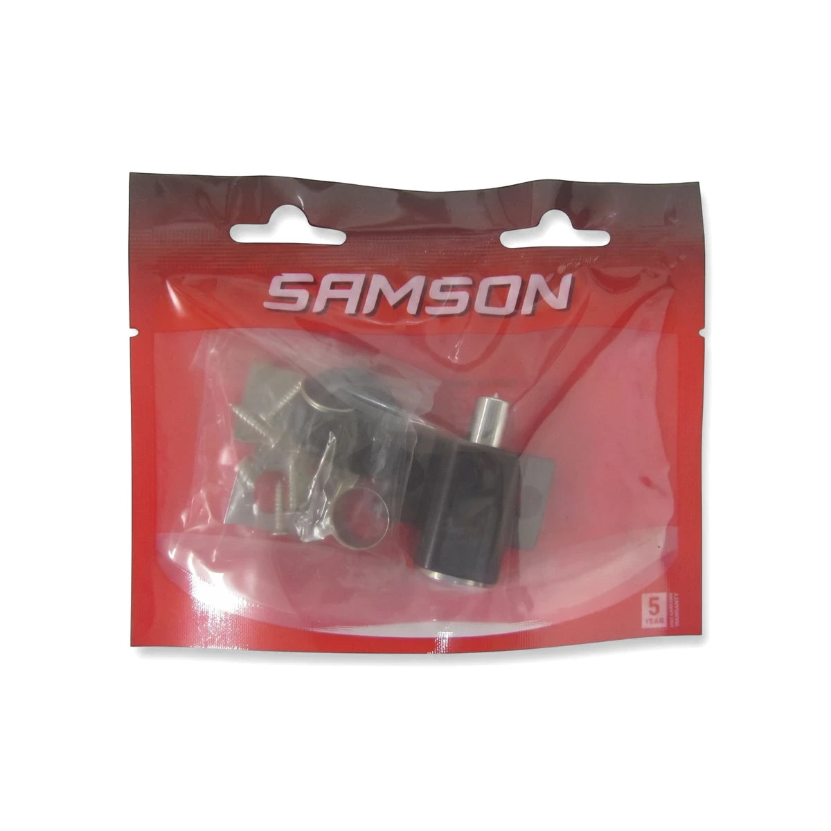 Samson patio door lock and latch kit in a clear plastic package, including a black latch body and various silver screws.