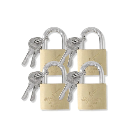 Four Samson P/Lock 50mm brass padlocks, each with a silver key, arranged in a group against a white background.