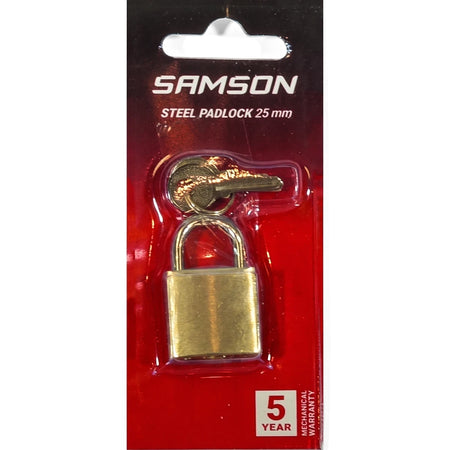 Samson P/Lock Brass 25mm Padlock with two keys in red and black steel retail packaging, displaying a 5-year warranty.