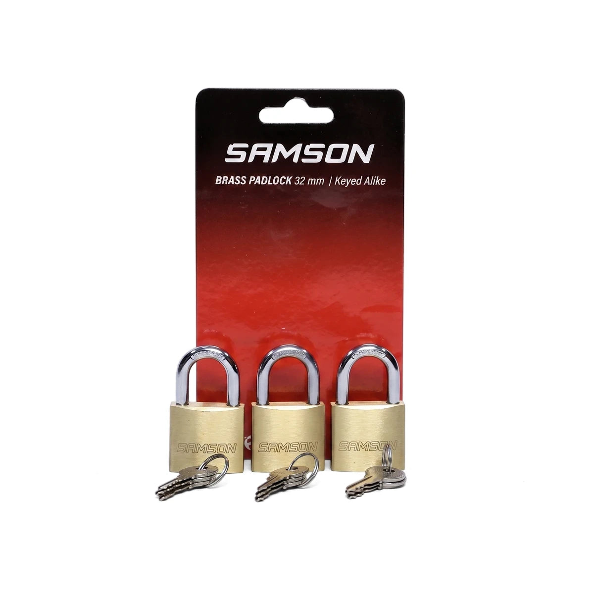 A Samson P/Lock Brass 32mm Keyed Alike Trio Padlock set, including three brass-toned padlocks with keys on a display card.